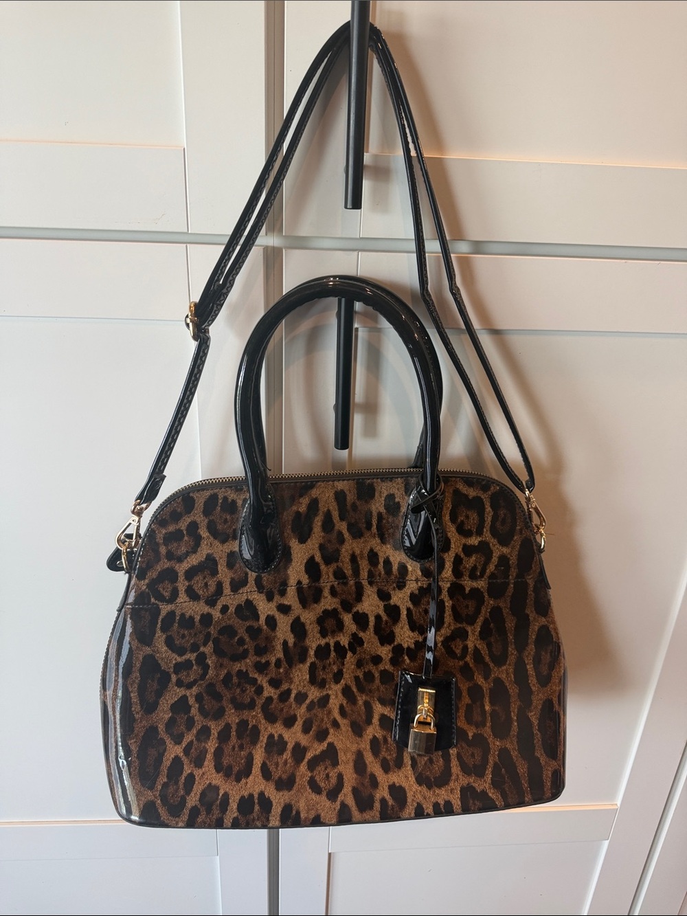 Leopard Print Dome Satchel Handbag with Black Trim